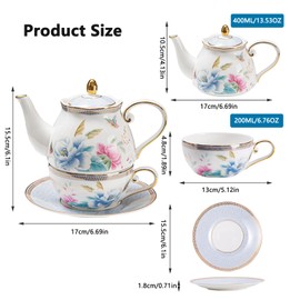 PANAOAHU Tea for One Set, Bone China Stackable Teapot with Cup and Saucer, Floral Butterfly Vintage Ceramic Teapot and Cup Set, Ideal Gift for Birthday Christmas Valentine's Day