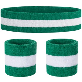 Sweatbands Headband and Wrist Set, Cotton Sweat Band for Athletic Men and Women, Sweatbands Sports Headbands for Working Out, Running, Basketball, Tennis, Yoga (Green/White/Green)