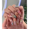 Mermaid's Treasure Floral & Tiger Nail Art Tropical Glam Press On Nails Y2K Pastel Summer Nails Bold Vacation Nails Long Stiletto Leopard Nail Glossy Finish with Rhinestones and Pearls:_Long Square_M