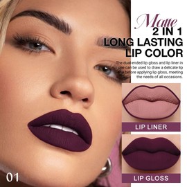 Kaely 2-in-1 Matte Lipstick and Lip Liner, Liquid Lip Stain Makeup for women Long Lasting Waterproof Smudge Proof (01 Dark Plum Purple, 1 Count (Pack of 1))