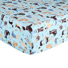 JISEN Polyester Dog Pattern Crib Sheet - Fitted Baby Cot Sheet for Standard Crib and Toddler - 60x120cm to 70x132cm for Boys and Girls (1 Pack)