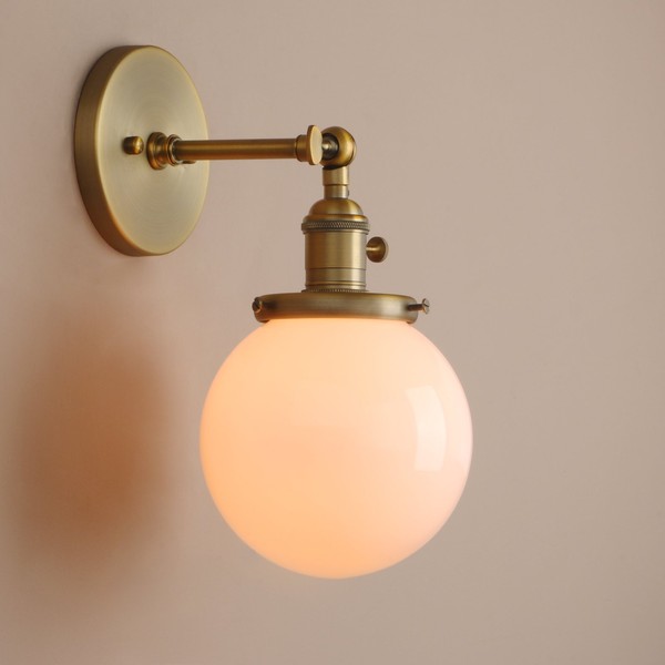 Pathson Industrial Wall Sconce with White Globe, Brass Bathroom Vanity Light with On Off Switch, Vintage Wall Light Fixtures for Living Room Loft Hallway
