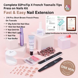 Saviland Nail Tip and Glue Gel Kit Toe Nail Tip: 216pcs Short French Tips for Women Press On Toe Nail Brown Fake Toe Nail Pedicure Strong Nail Glue Nail Tips Nail Light Nail Drill Machine Nail Art