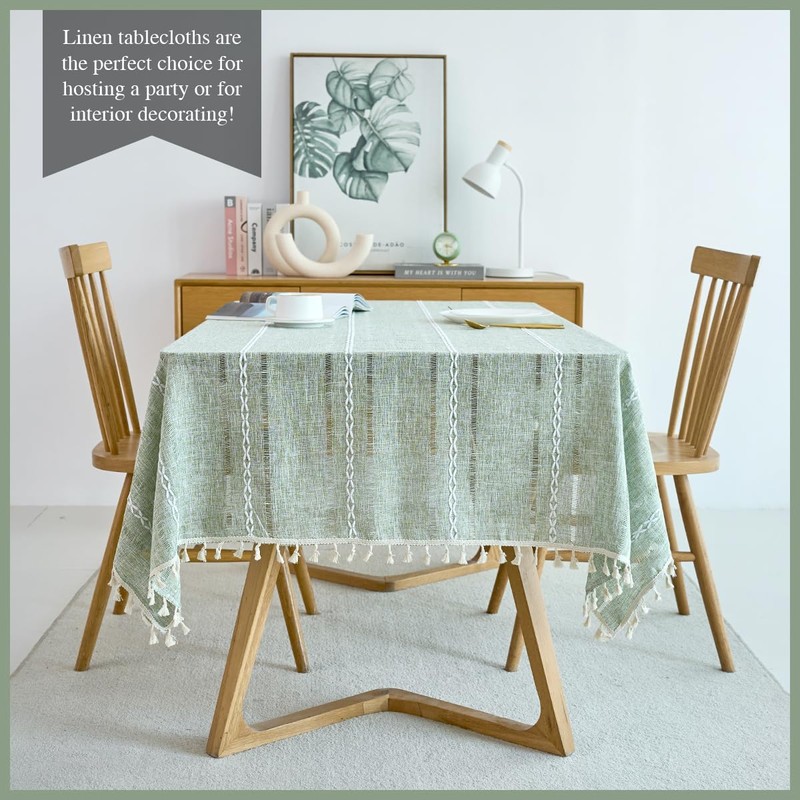 IBEQUEM Cotton Linen Table Cloth, Rectangular Stitching Tassel Tablecloth, Wrinkle
