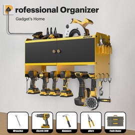 Spampur Power Tool Organzier with Charging Station, Garage Storage Cabinet with Doors and Shelves, Metal Wall Mount Rack with 4 Drill Holder/4 Outlet Power Strip, Tool Rack for Workshop/Shed/pegboard