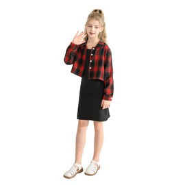 Naiyafly Kids Girl 2 Piece Outfits Girls Sleeveless Bodycon Dress with Crop Jacket Costumes Teen Girls Plaid Long Sleeve Tops + Cami Dress Set Clothing