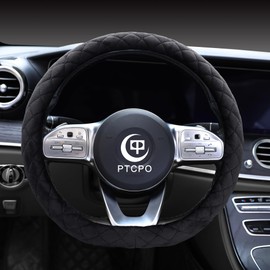 PTCPO Soft Car Steering Wheel Cover for Sedan, SUV, Warm Luxury Velvet, Odorless, Universal, Anti Slip, Summer Winter, Black, D Shape(Flat Bottom)