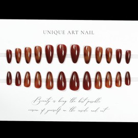 OHWODA Almond Press On Nails, 24Pcs Medium False Nails with Gradient Amber Color Design, Full Cover Glossy, ABS Plastic, 24 Fl Oz (Pack of 1)
