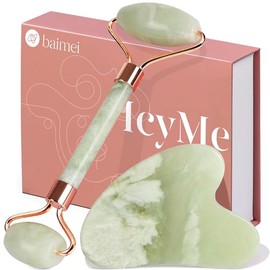 BAIMEI Juego de rodillo de jade y gua sha y herramientas faciales Gua Sha para rutina de cuidado de la piel y hinchazón, color verde claro            