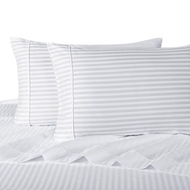 Royal Hotel Bedding Stripe White California-King Size Sheets, 4PC Bed Sheet Set, 100% Cotton, 300 Thread Count, Sateen Striped, Deep Pocket