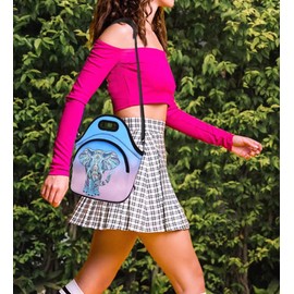 Violet Mist Neoprene Lunch Bags with Shoulder Strap Lunch Totes for Women Insulated Lunch Box Thermal Lunch Handbag Cute Reusable Bento Bag Extra Pocket Zipper for Work Picnic Travel Gift, Elephant 3