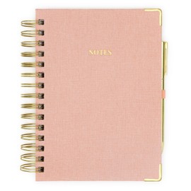 ELYN Lined Spiral Journal, Linen Hardcover Notebook With Matching Gold Gel Pen, 252 Pages, 8 in x 5 in - 100 GSM Premium Thick Paper, Modern Spiral Notebook for Home, Office or Writing Notes, (Pink)