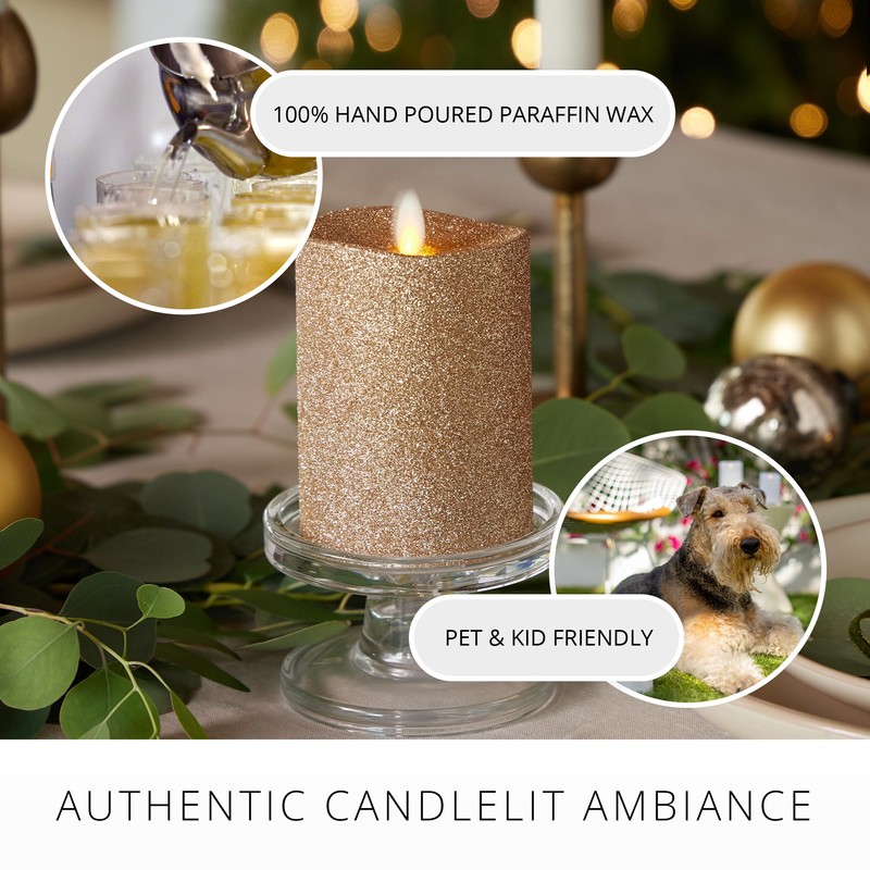 Luminara Realistic LED Moving Flame Pillar Candle, Gold Metallic Glitter,