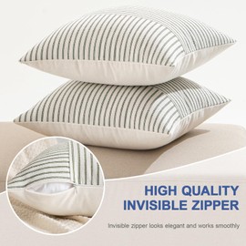 MIULEE Olive Green and Beige Patchwork Farmhouse Pillow Covers 16x16 Inch, Pack of 2 Striped Linen Decorative Modern Accent Pillow Cases for Sofa Couch Bedroom