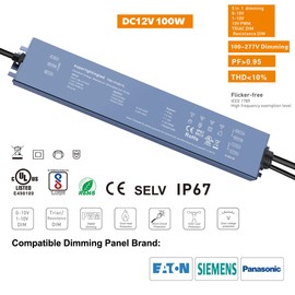 12VDC 100W UL-Listed 0-10V&TRIAC Dimmable Waterproof IP67 Thinner Power Supply 110V to 12V Low Voltage Transformer for IP68 LED Strip Lights,Outdoor LED Pool Underwater, Wash Wall, Fountain Lights