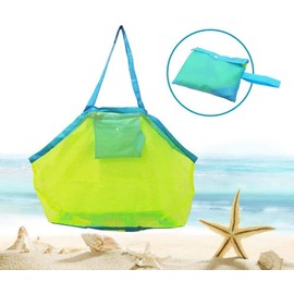 Mesh Beach Bag Large Beach Toy Tote Bags Foldable Sand Toy Bag Green/Blue 18 x 12 x 18 Inch