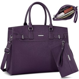 RAINSMORE Laptop Bag for Women 15.6 Inch Waterproof Leather Laptop Tote Bag Business Office Work Bag Professional Briefcase Large Computer Tote Handbag Shoulder Bag with Satchel Purse 2pcs Set, Black - Color: Deep Purple