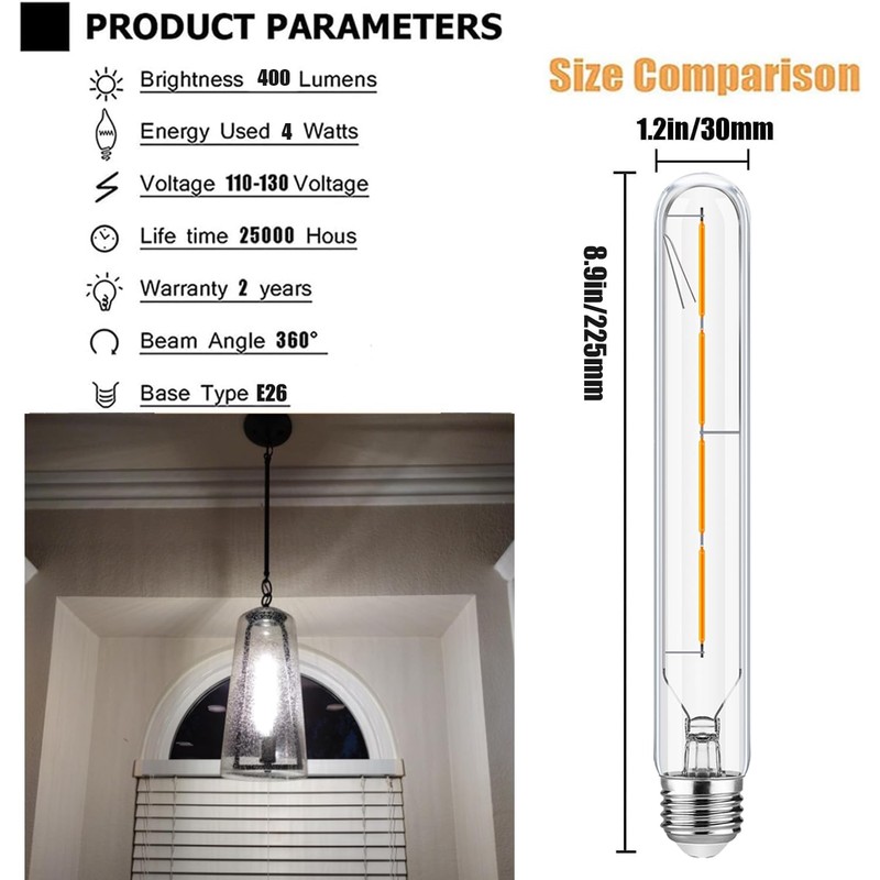 Leools Tubular Light Bulb 4W Equal E26 LED Bulb 40
