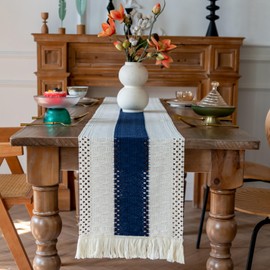BIPASION Macrame Table Runner, 12 x 72 Inch Blue/Cream, Boho Style Bicolor Stitching Table Runners with Tassels, Farmhouse Burlap Fall Table Decoration for Living Room Bridal Shower