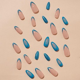 French Press on Nails Medium Almond Nails Blue Glitter Gradient Fake Nails Artificial False Nails Glossy Full Cover Glue on Nails Nude Acrylic Nails Stick on Nails for Women & Girls 24Pcs