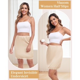 Vlazom Women's Satin Underskirt Short Petticoat Knee Length Half Skirt for Skirt with Lace Elegant Invisible Underskirt, nude, M
