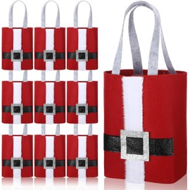 Peryiter 10 Pcs Christmas Santa Gift Bags with Handles 3D Felt Christmas Goodie Bags 8.9 x 8.3 x 3.5'' Felt Santa Claus Suit Treat Baskets Reusable Gift Baskets for Holiday Xmas Party Favor Decoration