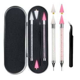 5-Piece Nail Rhinestone Picker Set - Dual Ended Wax Pen with Acrylic Case, Non-Slip Grip for Crystal Beads & Nail Art DIY (pink+white)