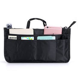 BTSKY Printing Handbag Organizers Inside Purse Insert - High Capacity 13 Pockets Bag Tote Organizer with Handle (Black)