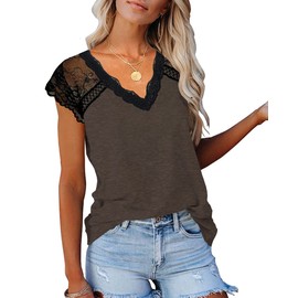 KINLONSAIR Women's Crochet Lace Basic V-Neck T-Shirts Short Sleeve Loose Fitting Tunic Tank Tops