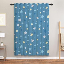 ggaimwf Star Curtains for Children's Room, Blue Stars Pattern, Galaxy Cartoon Curtains, Tape, Top Window, Door Curtains for Boys, Baby, Children's Room, Playroom, Room Divider, Rod Pockets, 135 x 175
