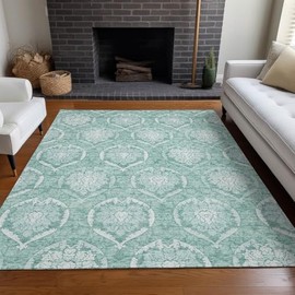 3'x5' - Traditional Shabby Chic Style Damask Imprints Boho Area Rug | Oriental Medallion Graphic Floral Pattern Indoor Outdoor Carpet | UV Stabilize Non-Slip Plush Pile - Turquoise Blue Color Glam