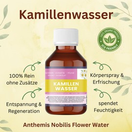 Kamillenwasser BIO – 100 % naturrein – Anthemis nobilis Flower Water – Gesichtswasser & Körperspray – Vegan, alkoholfrei, ohne Zusatzstoffe – Nakobe (250mlx2)