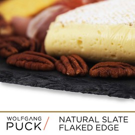 Wolfgang Puck Slate Tray with Stainless Steel Handles, Slate Serving Board, Cheese and Charcuterie Board, Anti-Skid Rubber Feet, Natural Slate with Flaked Edge