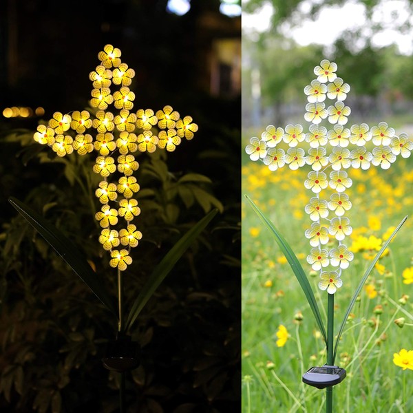 HDNICEZM Solar Cross Garden Lights Outdoor Decorative - Solar Metal Cross Yellow Hydrangea Flower Stake Lights Waterproof 28 Warm White LEDs for Remembrance Gifts & Sympathy Gifts..
