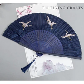 GFM® Bamboo Silk Handheld Folding Japanese Chinese Hand Fan Fan for Summer, Wedding, Party Favour (FLSLK-MR-E) (F10-Japanese-Flying Cranes) (FLSLK-F10-18)