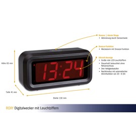 TFA Dostmann Digitaler Wecker ROXY mit roten LED Ziffern, 60.2024.10, Weckalarm mit Snooze-Funktion, 3 Helligkeitsstufen, ohne Ticken, Nachtmodus, batteriebetrieben, schwarz