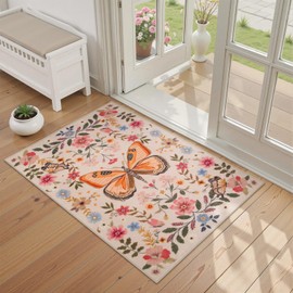 Beeiva Butterfly Insect Entry Rugs for Inside House 2x3, Washable Non-Slip Ultra Thin Bathroom Rug, Boho Floral Beige Low Pile Small Area Rug for Kitchen Bedroom Laundry (Beige/Pink, 2'x3')