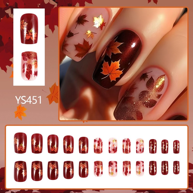 Burgundy Coffin Press-On Nails, 24-Piece Maple Leaf Glitter Nail Set