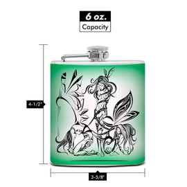 Hip Flask Gift Set with Refill Funnel and 2 Stainless Steel Shot Glasses - Fairy in Tribal Design - Green Finish - 6 oz Flask - Gift Box Included