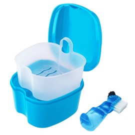 Keedolla Estuche de retención de ortodoncia para dentadura, caja de baño para dentadura, protector bucal dental, limpieza con cepillo, cesta de colador y tapa impermeable, color azul