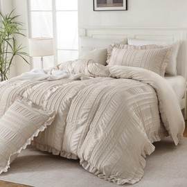 MOVE OVER Beige Ruffle Comforter Set King 3 Pieces Seersucker Comforter Set Boho Chic Farmhouse Style Beige Textured Bedding Set for Room Decor with 2 Ruffle Pillow Shams