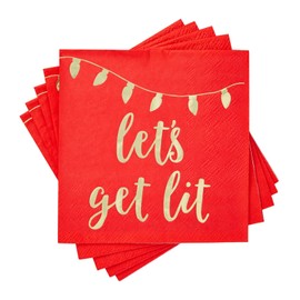 50 Pack Paper Christmas Cocktail Napkins for Holiday Party Supplies, Gold Foil Lets Get Lit (Red, 5 x 5 In)