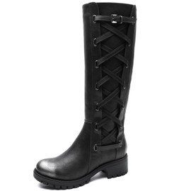 GLOBALWIN Women's Knee High Boots Riding Boots For Women Black Distressed Silver Boots Wide Calf Motorcycle Boots Low Heel With Side Zipper Size 9M