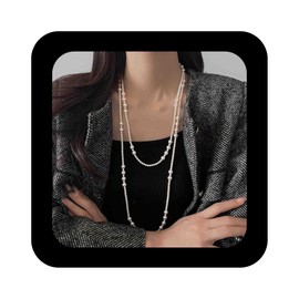 Enautoabs Vintage Long Pearl Necklace Chain Pearl Flapper Beads Necklace Layered Pearl Strands Necklace Retro Pearl Beaded Necklace Pearl Sweater Chain Necklace Jewelry for Women