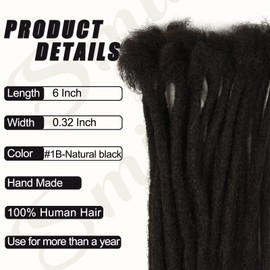 Dreadlock Extensions, Smilco 6 Inch 0.8cm 20 Strands Loc Extensions Human Hair Full Head Handmade Permanent Natural Black Dreads Extensions for Men/Women(With Dreadlock Crochet Hooks and Comb)