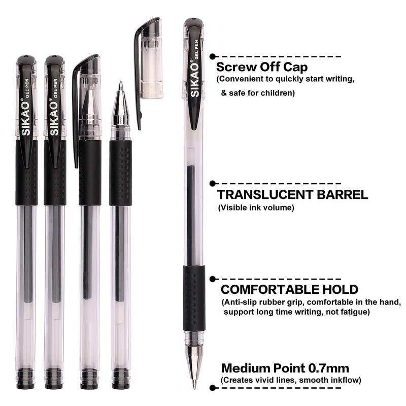 Black Gel Pens Bulk SIKAO 60 Pack Gripped Stick Gel