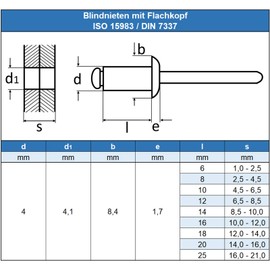 Eisenwaren2000 4 x 8 mm blind rivet (100 pieces) - with flat head - pop rivets DIN 7337 - ISO 15983 - rivet - stainless steel A2 V2A - rust-proof