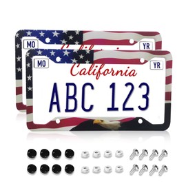 American Flag Eagle Patriotic License Plate Frames Covers Holders US American Waving Flag Eagle Car Tags Frames Holders Stainless Aluminum 2 Pack 4 Holes Decorative 2 Pcs Set for Men Women Vehicle
