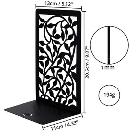 Belle Vous Black Metal Heavy-Duty Bookends with Floral Pattern (1 Pair) - Anti-Slip Non-Skid Book Stopper Supports for Books & CDs - Dividers For Shelves, Office, Library, Home and School