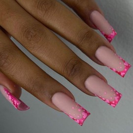 Valentine's Day Press on nails Pink French Tip Fake Nails Long Square False Nails with Designs Heart Glue on Nails Full Cover Acrylic Matte Stick on Nails for Women Romantic Nail Decoration 24Pcs